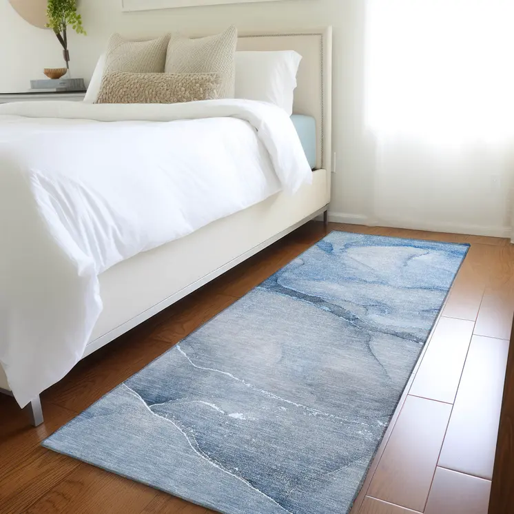 8' Runner Blue Abstract Washable Non Skid Indoor Outdoor Runner Rug