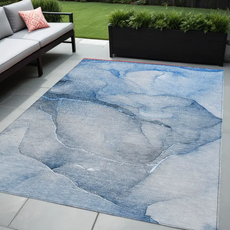 5' X 8' Blue Abstract Washable Non Skid Indoor Outdoor Area Rug