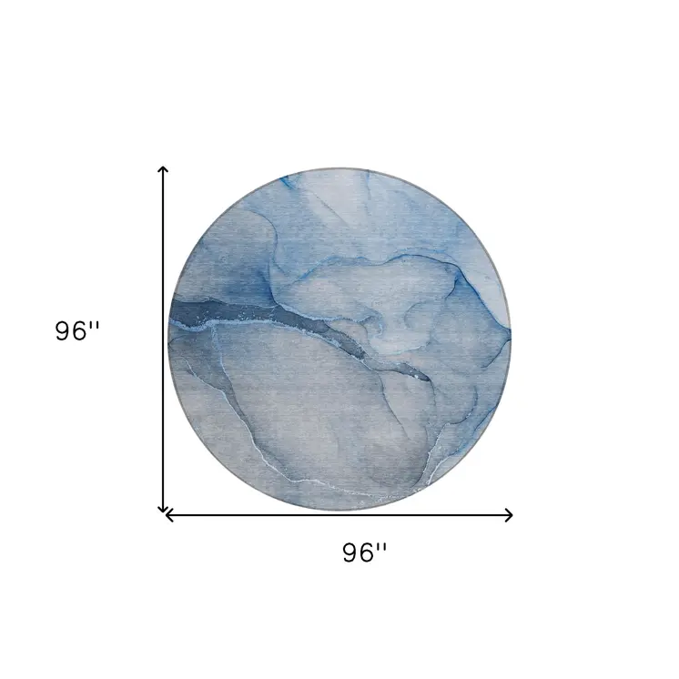 8' Round Blue Round Abstract Washable Non Skid Indoor Outdoor Area Rug