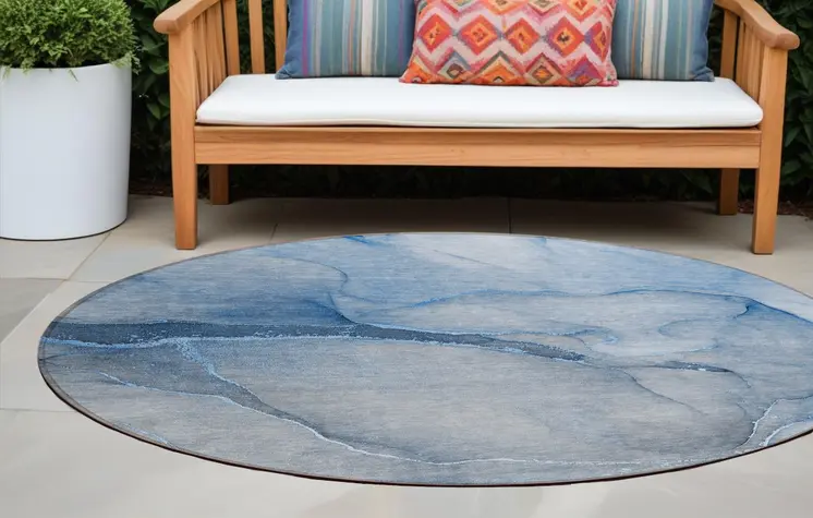 8' Round Blue Round Abstract Washable Non Skid Indoor Outdoor Area Rug