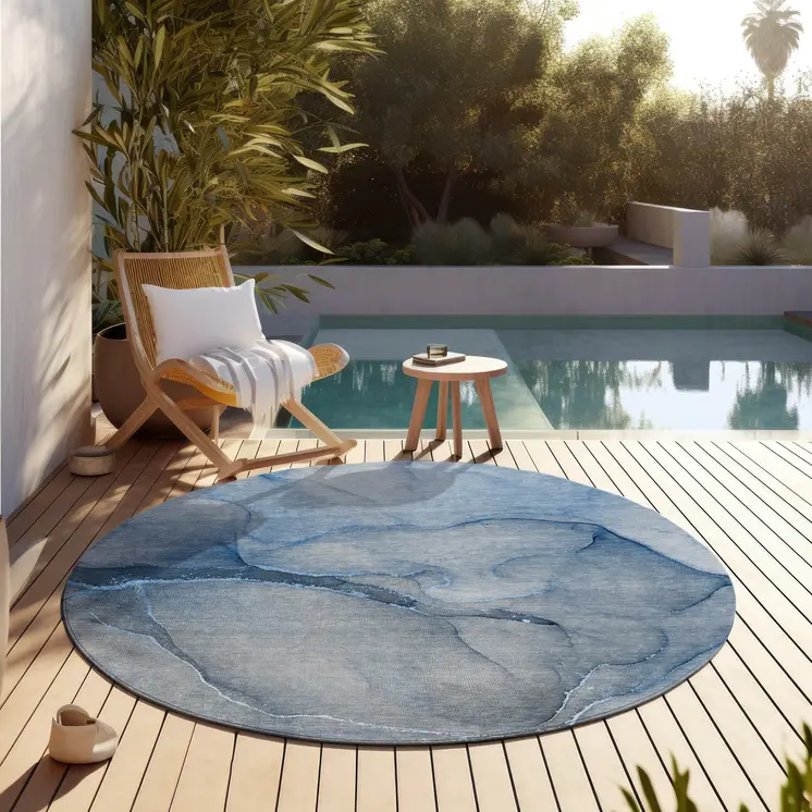 8' Round Blue Round Abstract Washable Non Skid Indoor Outdoor Area Rug