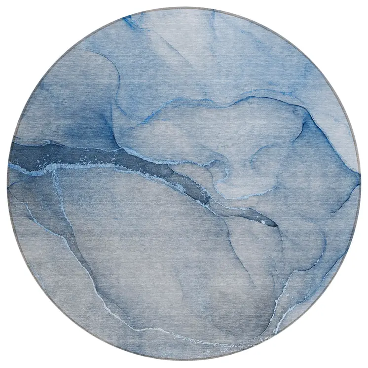 8' Round Blue Round Abstract Washable Non Skid Indoor Outdoor Area Rug