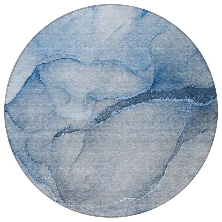 8' Round Blue Round Abstract Washable Non Skid Indoor Outdoor Area Rug