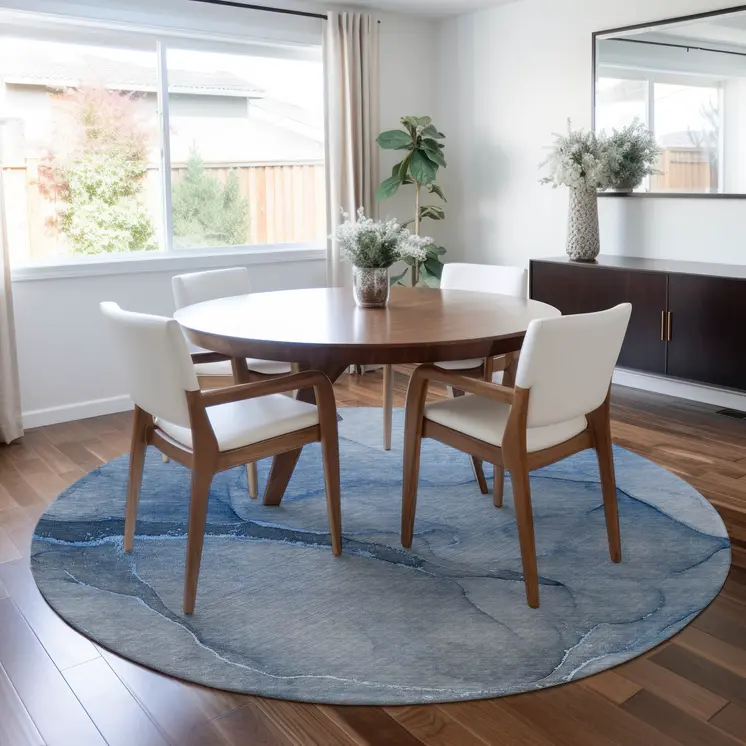 8' Round Blue Round Abstract Washable Non Skid Indoor Outdoor Area Rug