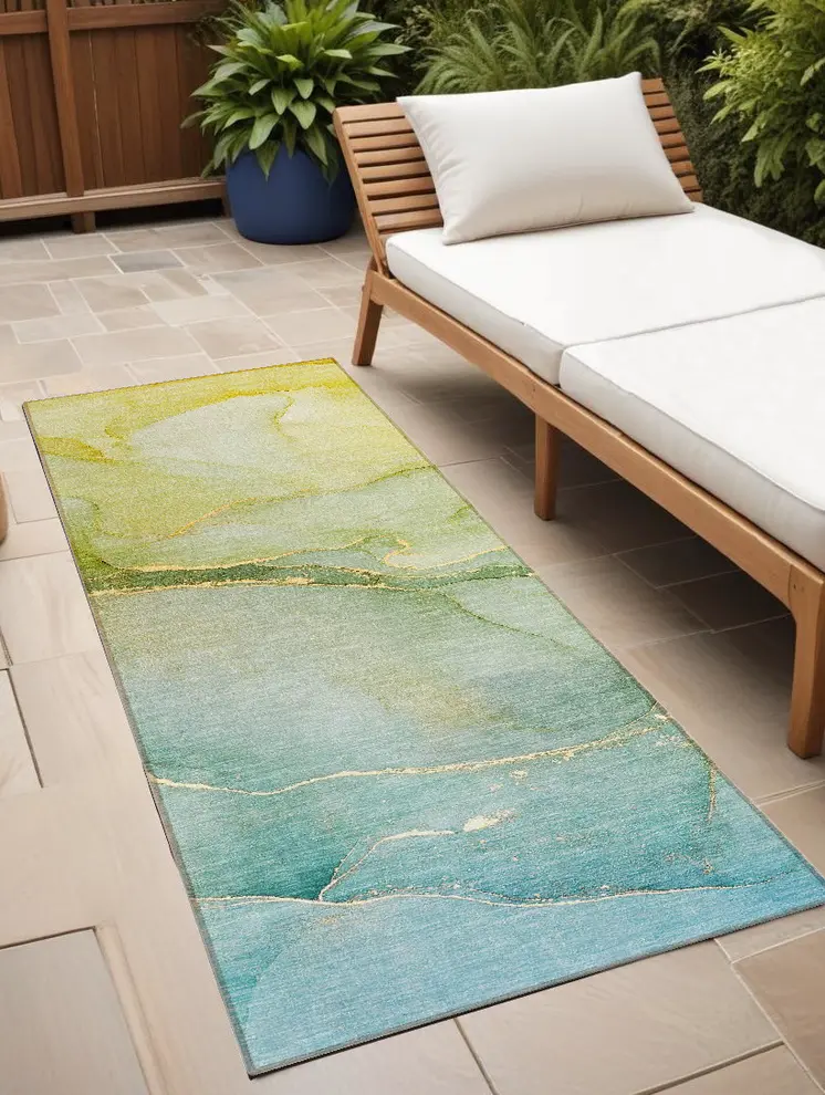 8' Runner Green Abstract Washable Non Skid Indoor Outdoor Runner Rug