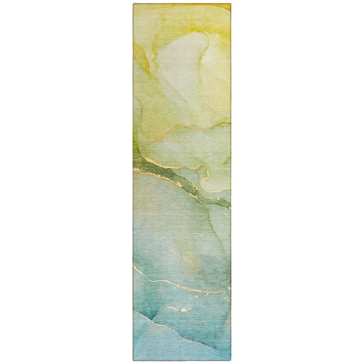 8' Runner Green Abstract Washable Non Skid Indoor Outdoor Runner Rug