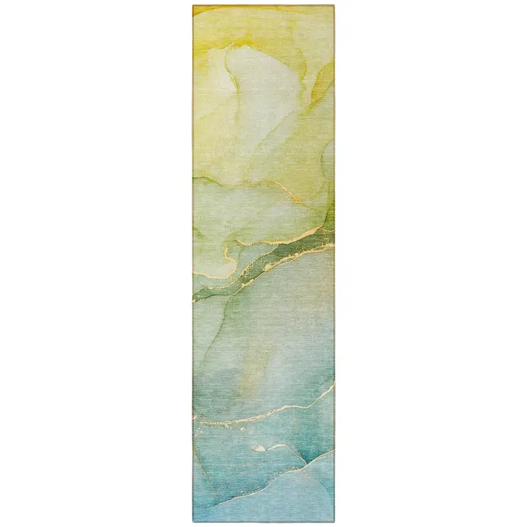 8' Runner Green Abstract Washable Non Skid Indoor Outdoor Runner Rug