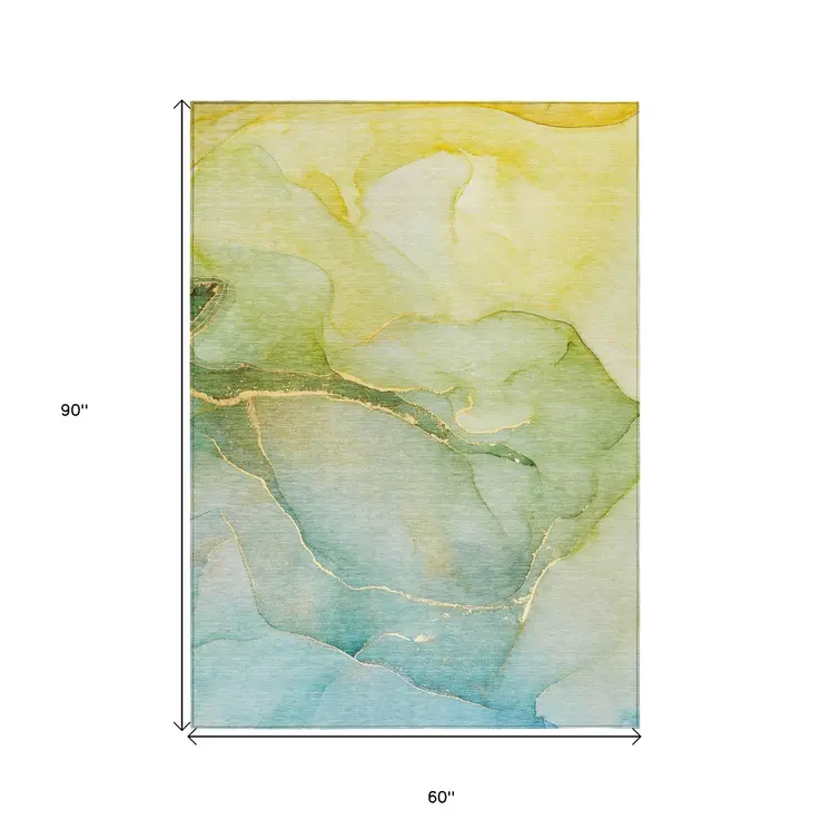 5' X 8' Green Abstract Washable Non Skid Indoor Outdoor Area Rug