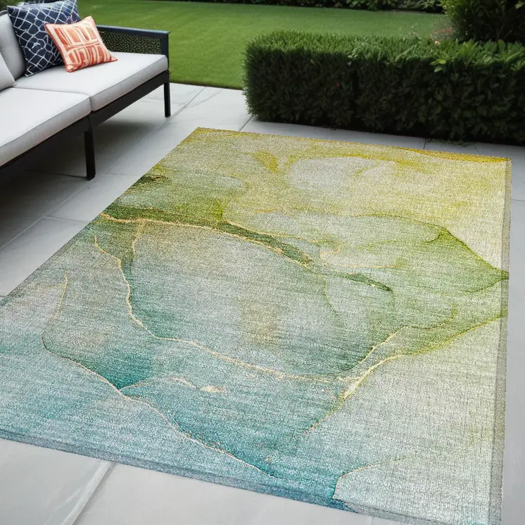 5' X 8' Green Abstract Washable Non Skid Indoor Outdoor Area Rug
