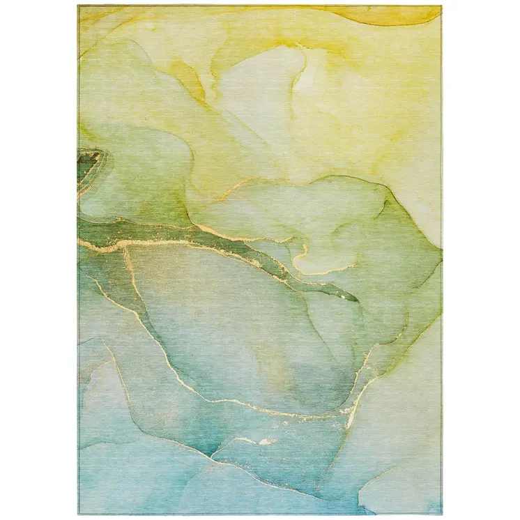 5' X 8' Green Abstract Washable Non Skid Indoor Outdoor Area Rug