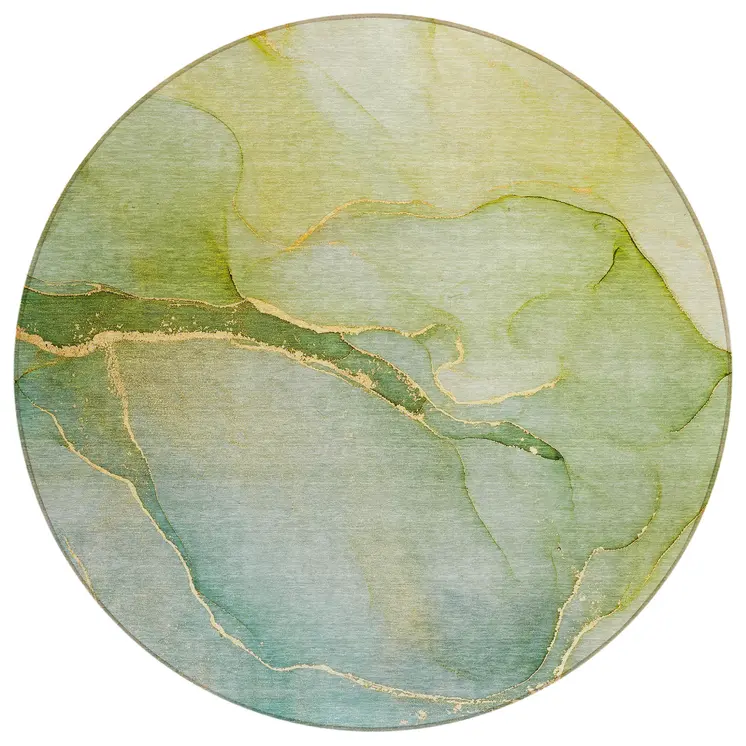 8' Round Green Round Abstract Washable Non Skid Indoor Outdoor Area Rug