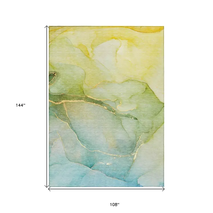 9' X 12' Green Abstract Washable Non Skid Indoor Outdoor Area Rug