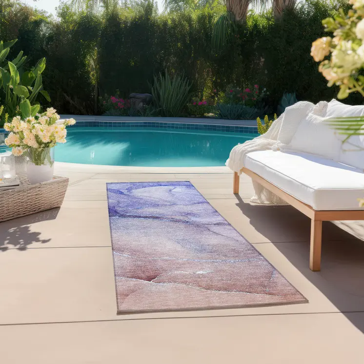 2' X 8' Blue and Purple Abstract Washable Non Skid Indoor Outdoor Runner Rug
