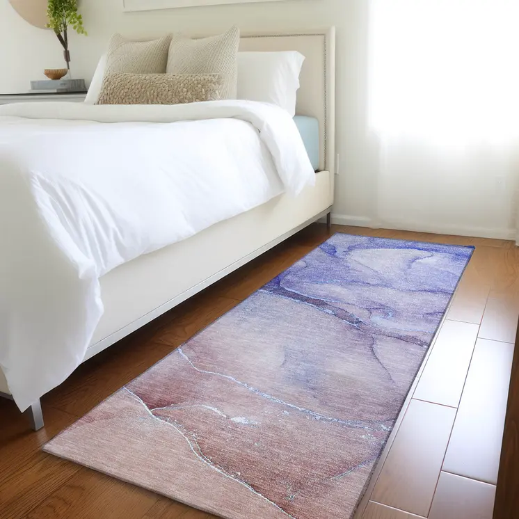 2' X 8' Blue and Purple Abstract Washable Non Skid Indoor Outdoor Runner Rug