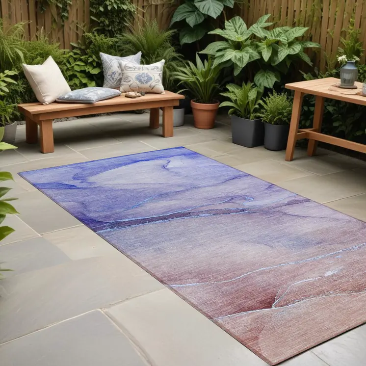 2' X 8' Blue and Purple Abstract Washable Non Skid Indoor Outdoor Runner Rug