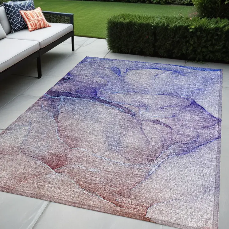 5' X 8' Blue and Brown Abstract Washable Non Skid Indoor Outdoor Area Rug