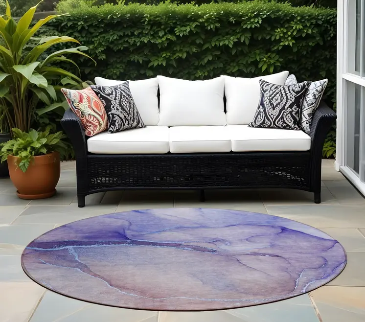 8' Round Blue and Brown Round Abstract Washable Non Skid Indoor Outdoor Area Rug