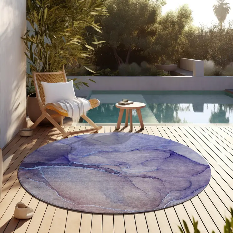 8' Round Blue and Brown Round Abstract Washable Non Skid Indoor Outdoor Area Rug