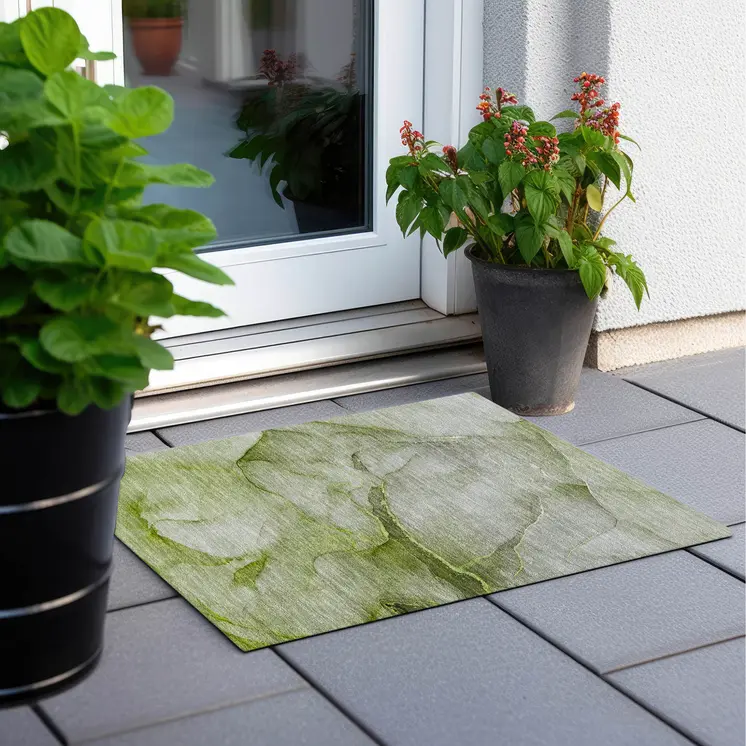 2' X 3' Olive Green Abstract Washable Non Skid Indoor Outdoor Area Rug
