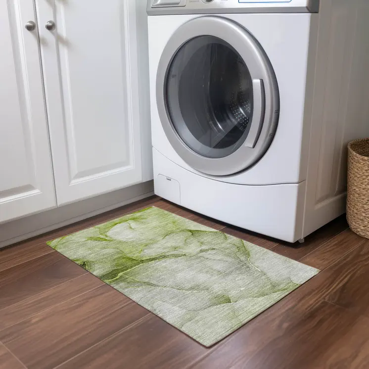 2' X 3' Olive Green Abstract Washable Non Skid Indoor Outdoor Area Rug