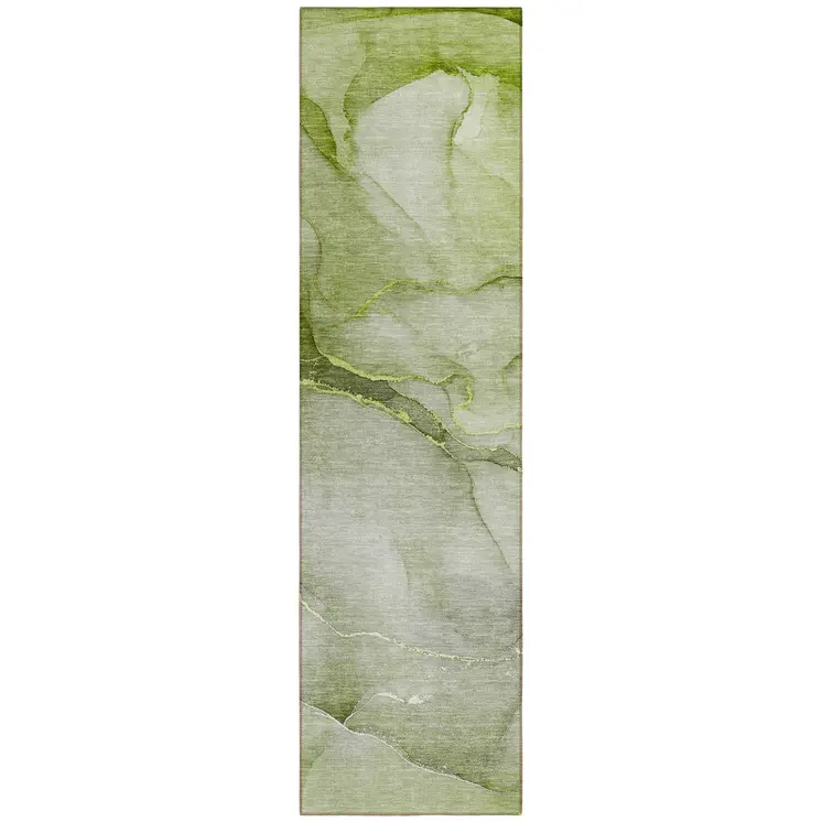 8' Runner Olive Green Abstract Washable Non Skid Indoor Outdoor Runner Rug