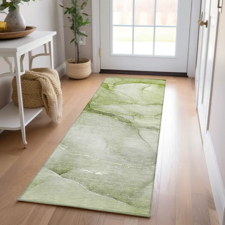 8' Runner Olive Green Abstract Washable Non Skid Indoor Outdoor Runner Rug