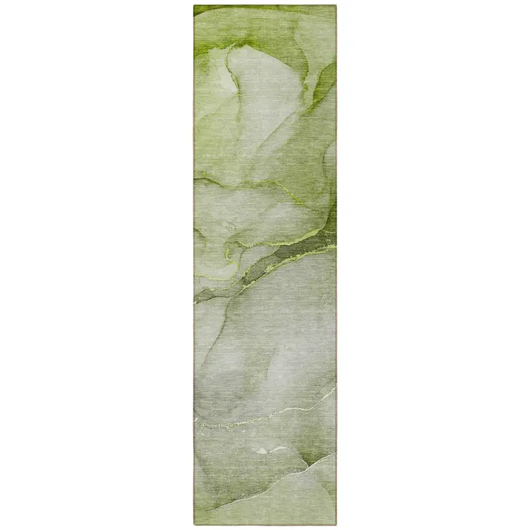 8' Runner Olive Green Abstract Washable Non Skid Indoor Outdoor Runner Rug