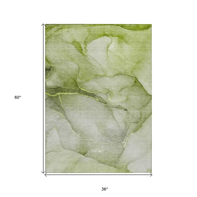 3' X 5' Olive Green Abstract Washable Non Skid Indoor Outdoor Area Rug