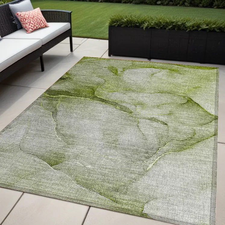 5' X 8' Olive Green Abstract Washable Non Skid Indoor Outdoor Area Rug