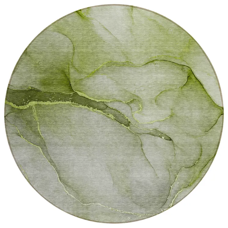 8' Olive Green Round Abstract Washable Indoor Outdoor Area Rug