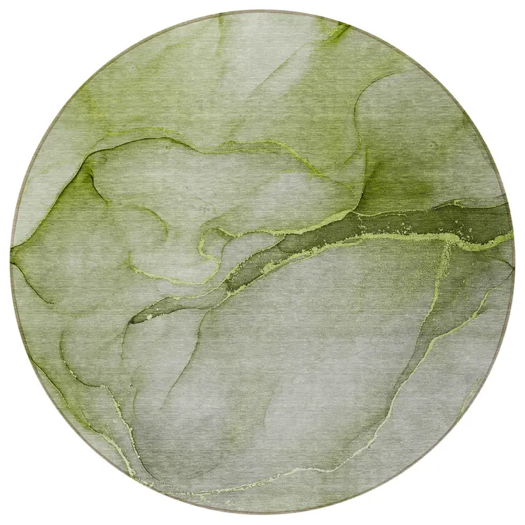 8' Olive Green Round Abstract Washable Indoor Outdoor Area Rug