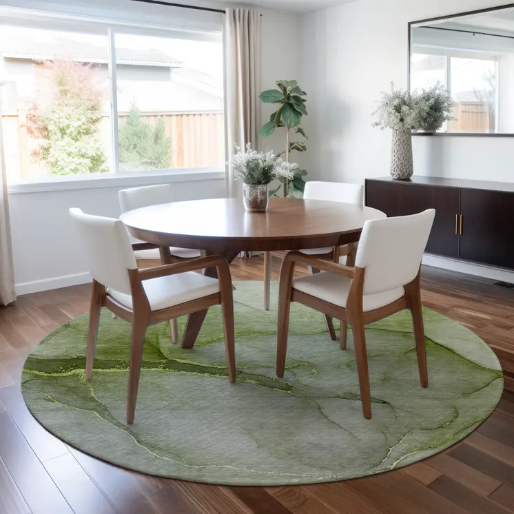 8' Olive Green Round Abstract Washable Indoor Outdoor Area Rug