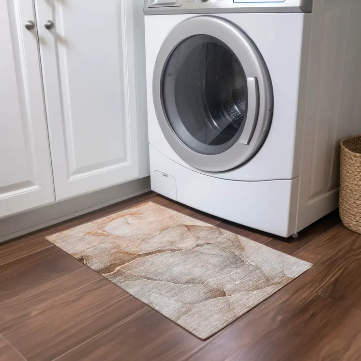 2' X 3' Taupe Abstract Washable Indoor Outdoor Area Rug