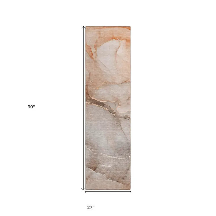 8' Runner Taupe Abstract Washable Non Skid Indoor Outdoor Runner Rug