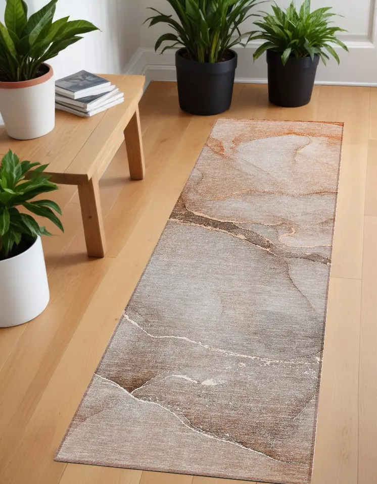 8' Runner Taupe Abstract Washable Non Skid Indoor Outdoor Runner Rug
