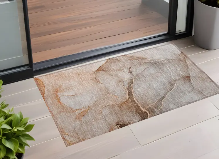 3' X 5' Taupe Abstract Washable Non Skid Indoor Outdoor Area Rug