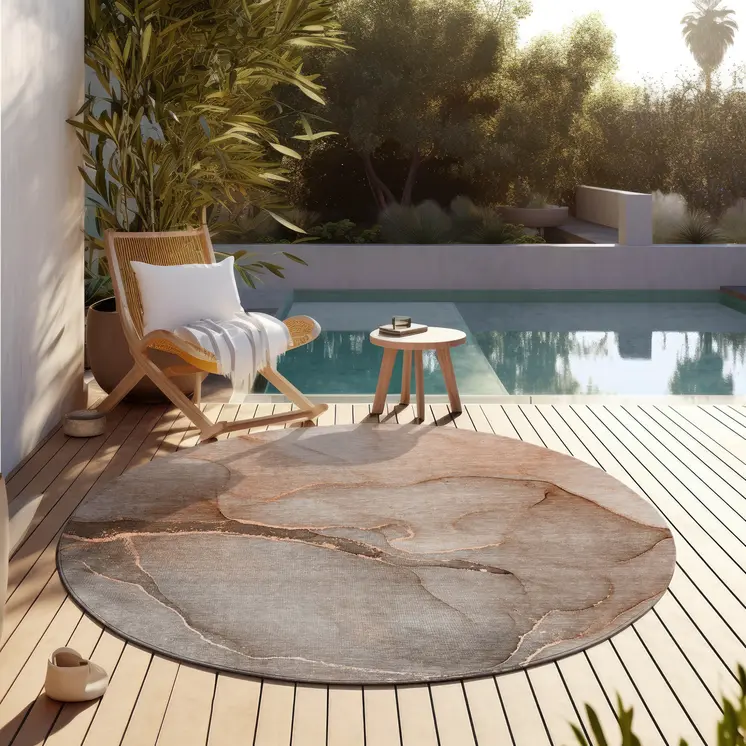 8' Taupe Round Abstract Washable Indoor Outdoor Area Rug