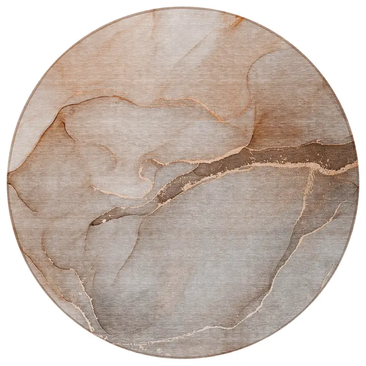 8' Taupe Round Abstract Washable Indoor Outdoor Area Rug
