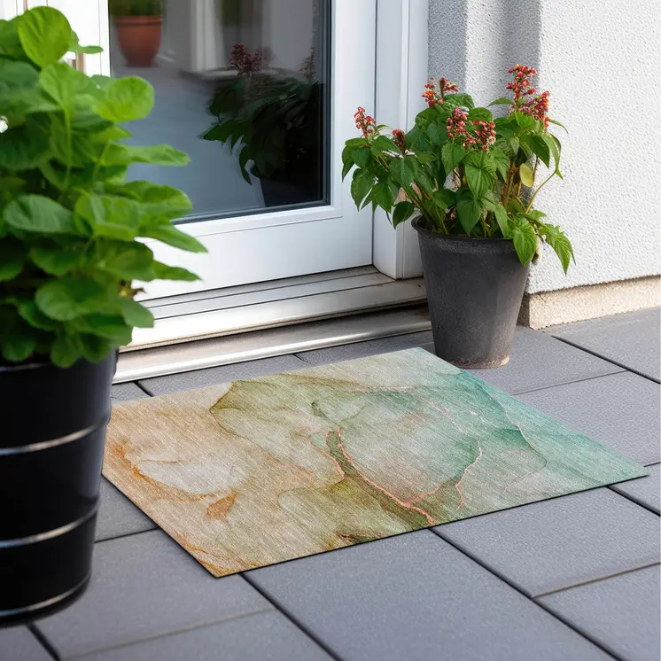 2' X 3' Teal Abstract Washable Non Skid Indoor Outdoor Area Rug
