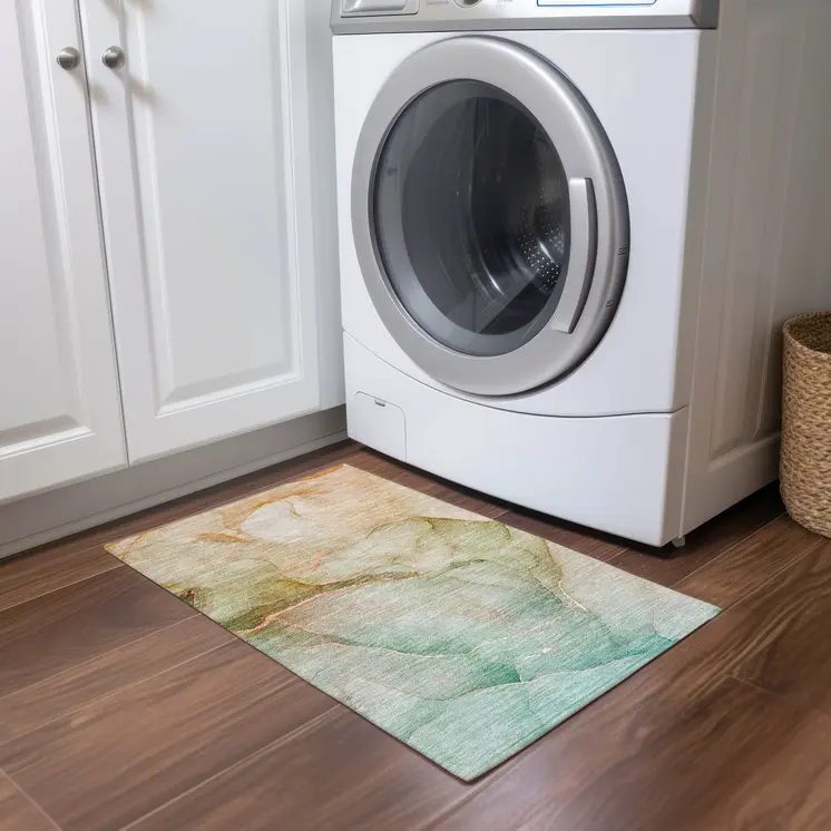 2' X 3' Teal Abstract Washable Non Skid Indoor Outdoor Area Rug