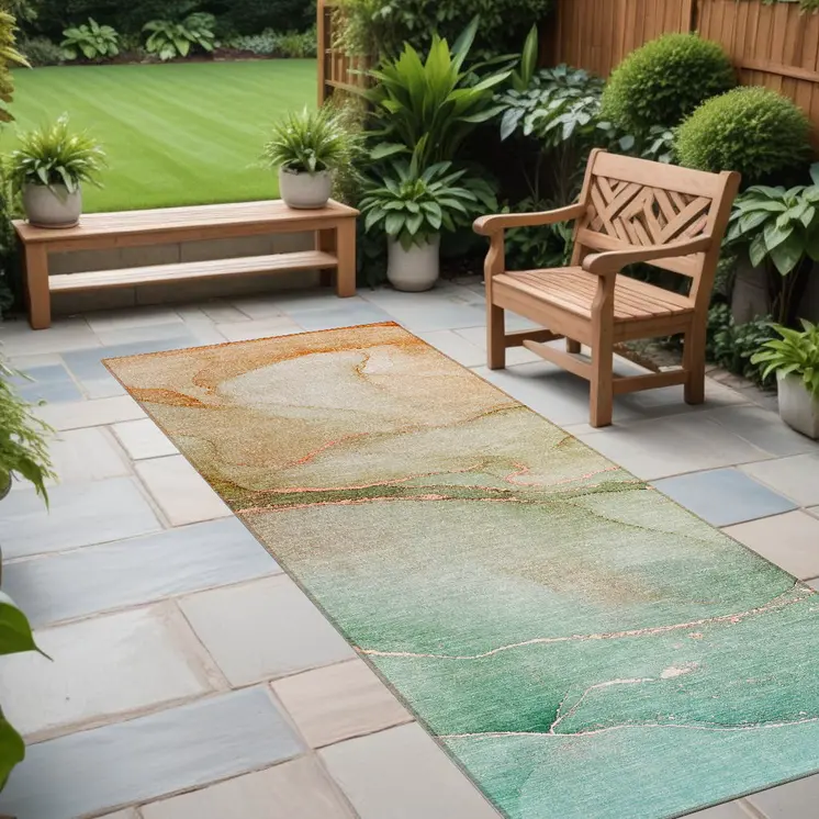 8' Runner Teal Abstract Washable Non Skid Indoor Outdoor Runner Rug