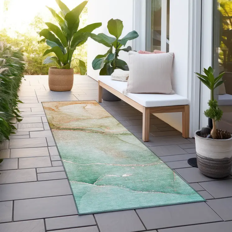 8' Runner Teal Abstract Washable Non Skid Indoor Outdoor Runner Rug