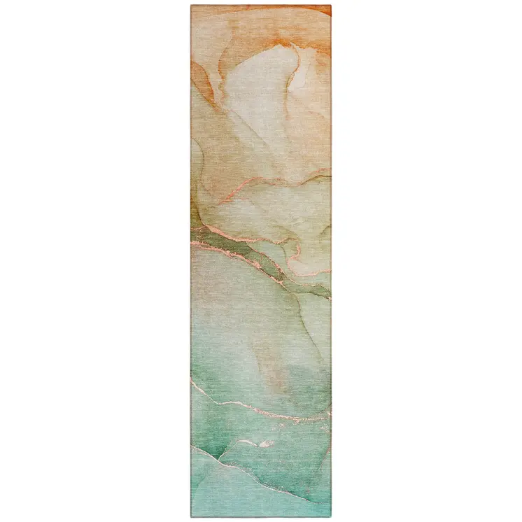 8' Runner Teal Abstract Washable Non Skid Indoor Outdoor Runner Rug