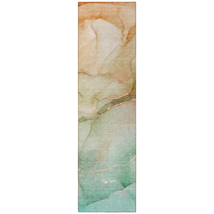 8' Runner Teal Abstract Washable Non Skid Indoor Outdoor Runner Rug