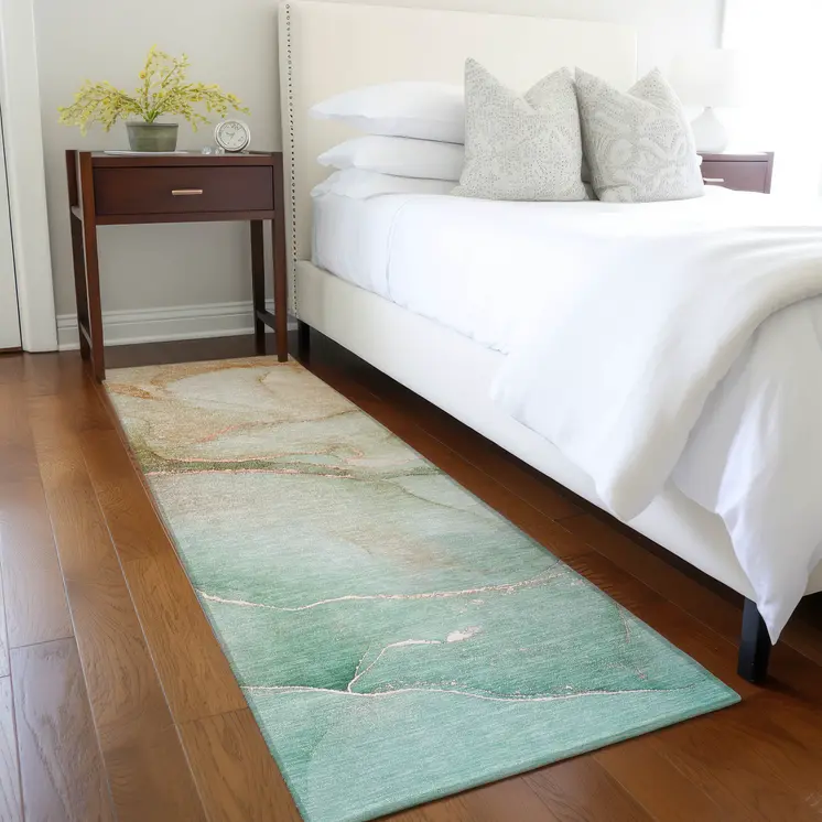 8' Runner Teal Abstract Washable Non Skid Indoor Outdoor Runner Rug