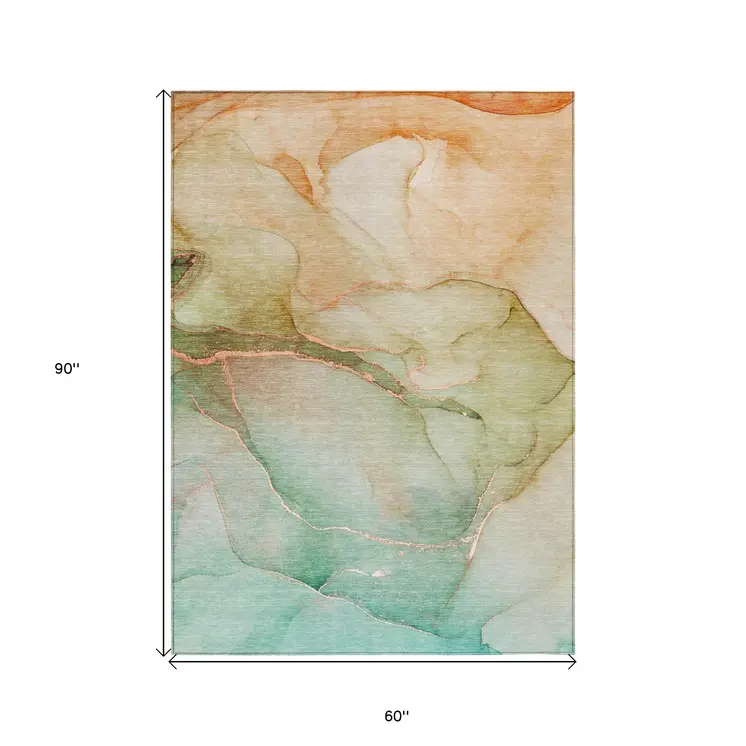 5' X 8' Green and Pink Abstract Washable Non Skid Indoor Outdoor Area Rug