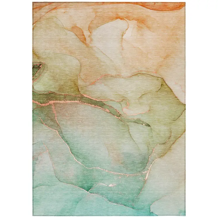 5' X 8' Green and Pink Abstract Washable Non Skid Indoor Outdoor Area Rug