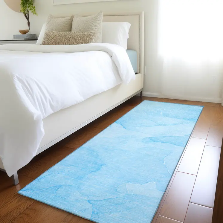 8' Runner Blue Abstract Washable Non Skid Indoor Outdoor Runner Rug