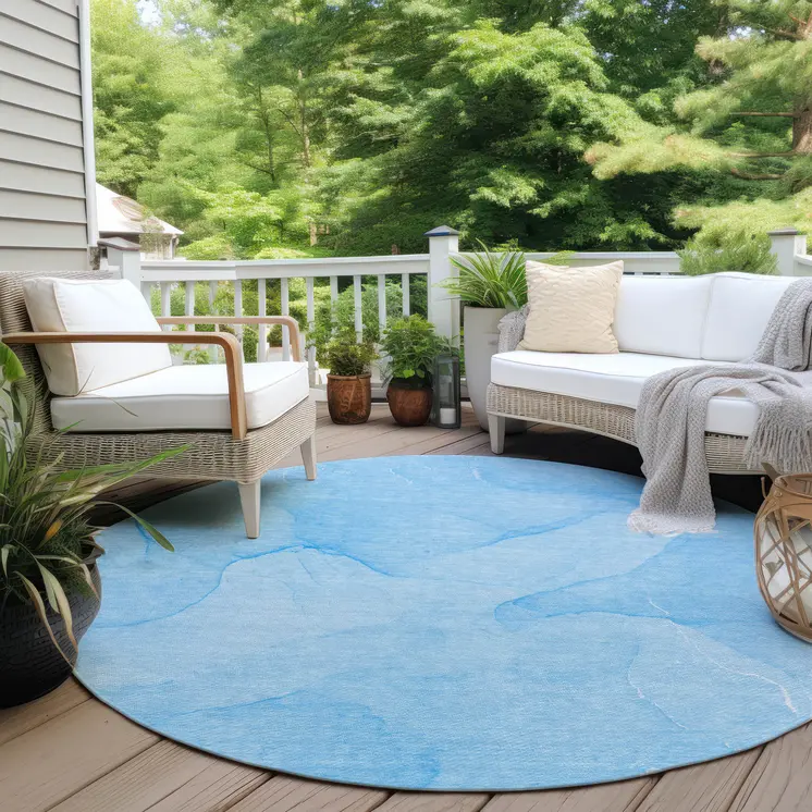 8' Round Blue Round Abstract Washable Non Skid Indoor Outdoor Area Rug