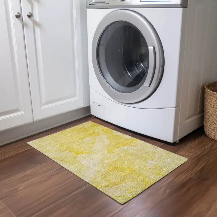 2' X 3' Gold Abstract Washable Non Skid Indoor Outdoor Area Rug
